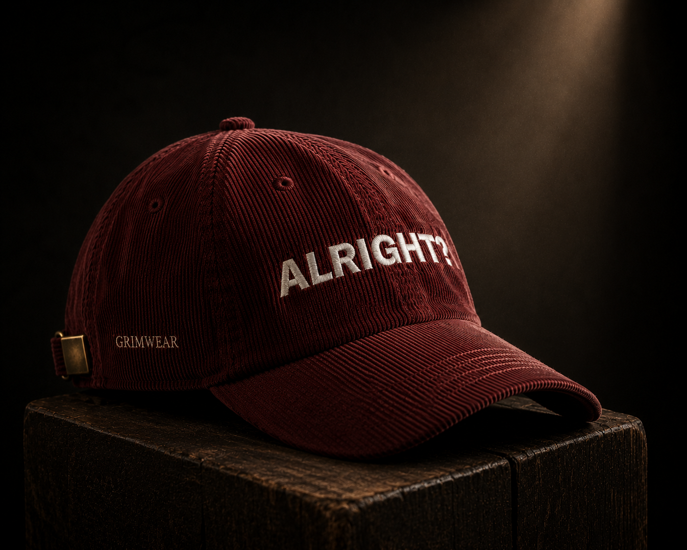 Vintage Corduroy Cap — Embroidered 'ALRIGHT?' Dad Hat